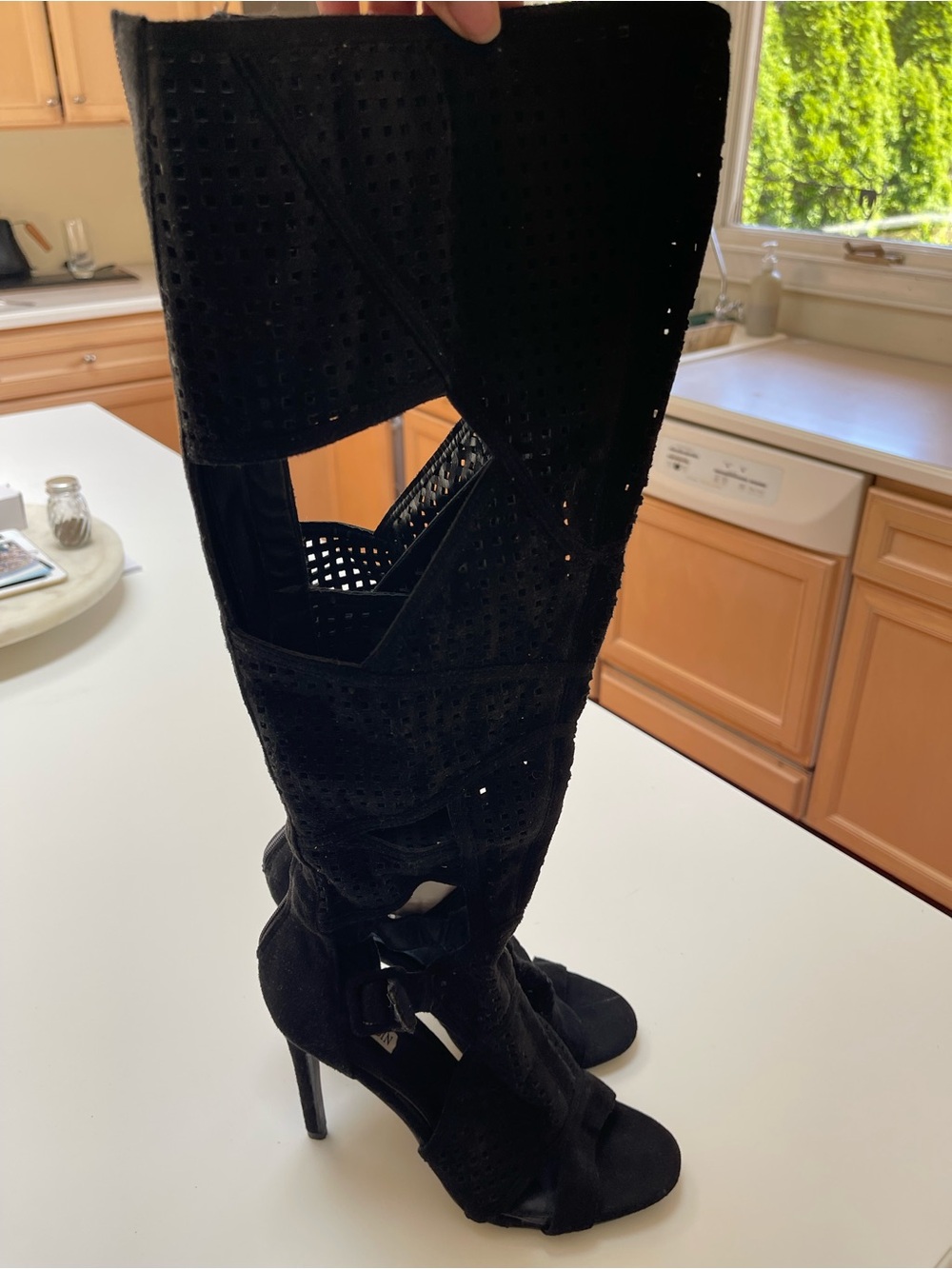 Black High-Heel Perforated Knee-High open toe Sandal Boots